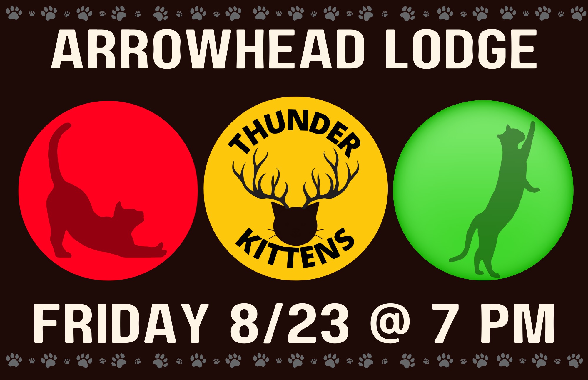 Outside the Arrowhead lodge, with the Arrowhead Lodge sign hanging to the right, we see the Thunder Kittens playing inside the window